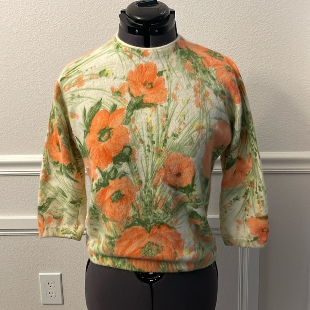 1950s Rockabilly Pin up angora sweater, peach poppies by Darlene